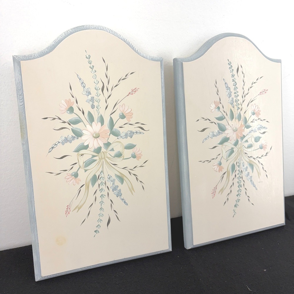 90s Hand Painted Floral Wood Wall Art Plaque Set Pastel Cottage Folk Shabby Chic